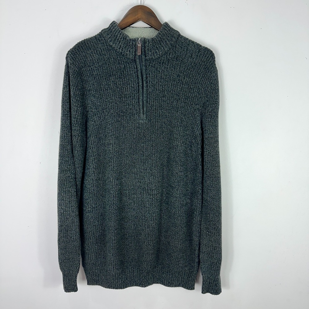 IZOD‎ Sweater Mens Large Gray 1/4 Zip Faux Fur Fleece Lined Shaker Knit Pullover